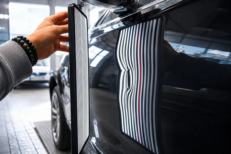 Streifenlicht-Tafel an der Seitenwand eines schwarzen Autos, die verzerrten Linien zeigen eine Delle